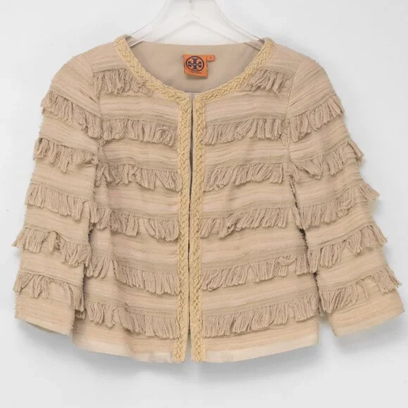 Tory Burch Julian Fringe Jacket Statement Coat Evening Silk Khaki Nude Size 2 - Picture 2 of 8